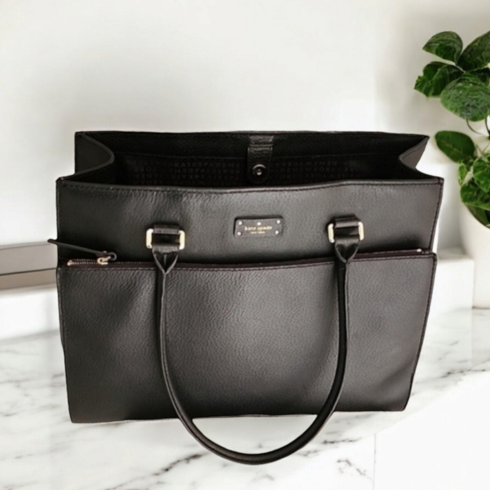 KATE SPADE Maeve Black Leather Satchel Large Tote Shoulder Bag Purse Briefcase - Picture 8 of 16